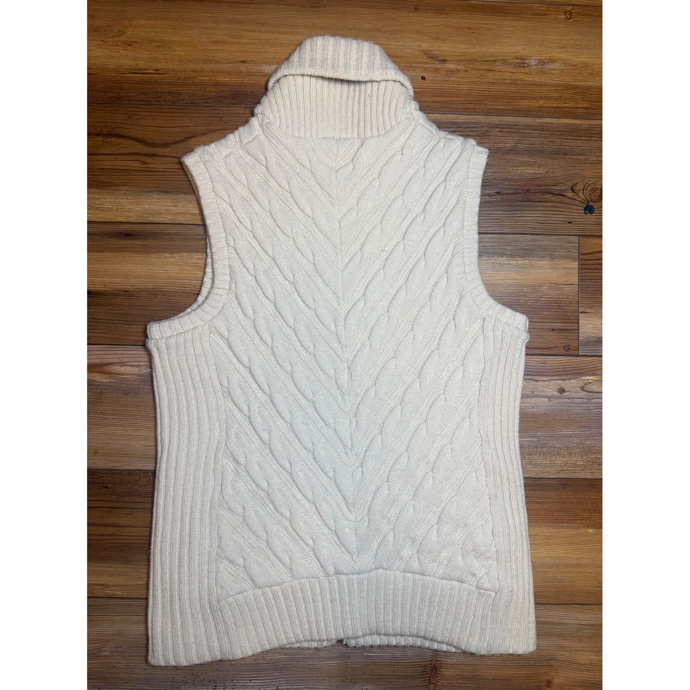 Eddie Bauer Womens Ivory Cable Knit Wool Blend Quilted Lined Zip Sweater Vest M